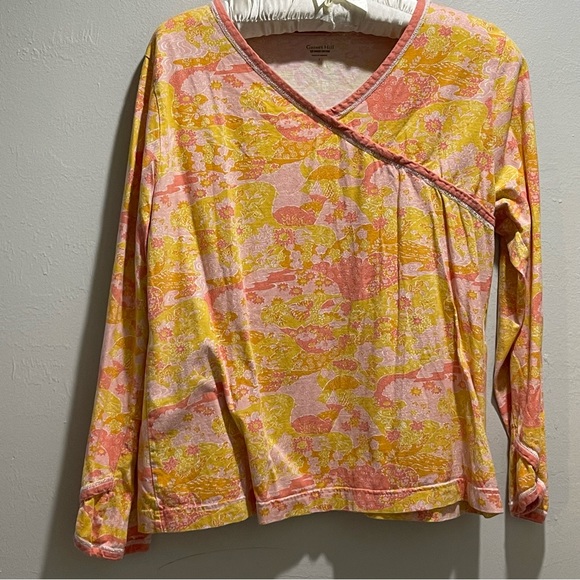 GARNET HILL Women’s Asian Wrap Organic Cotton Pajama Top LS Orange Floral L